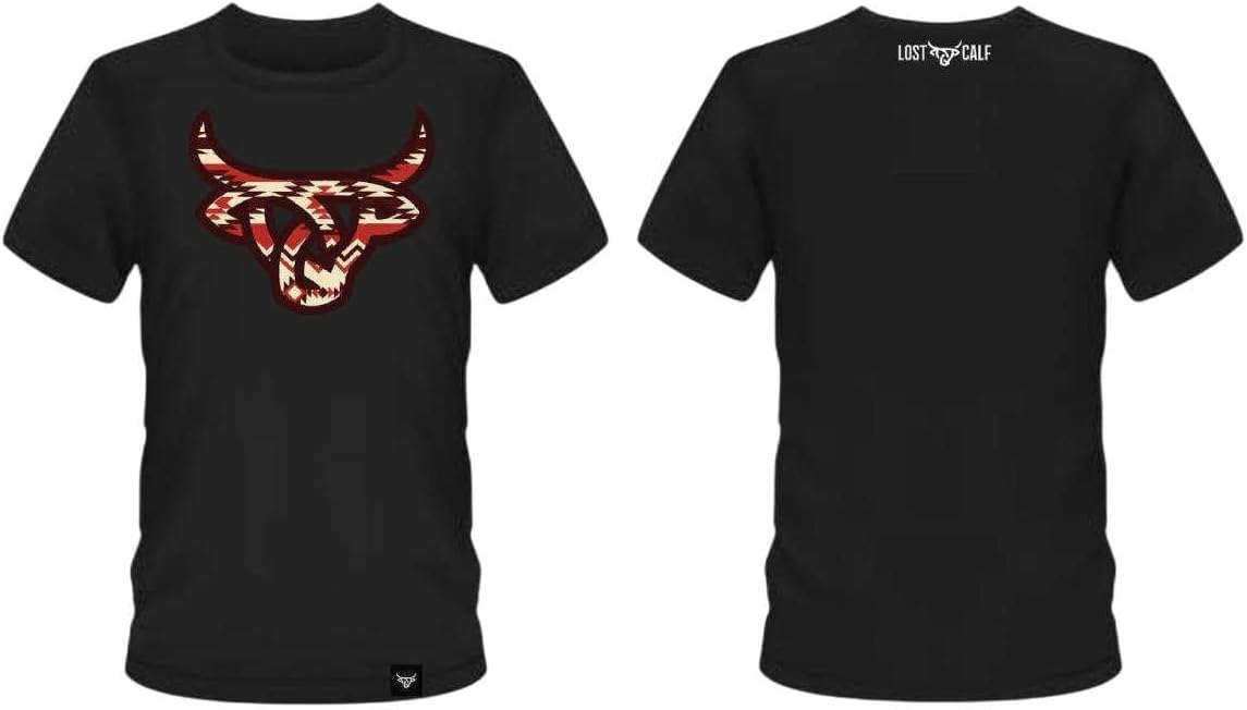 LOST CALF Unisex Angus Aztec Graphic T-Shirt, Black, Short Sleeve Western Crew Neck Tee - As Pictured