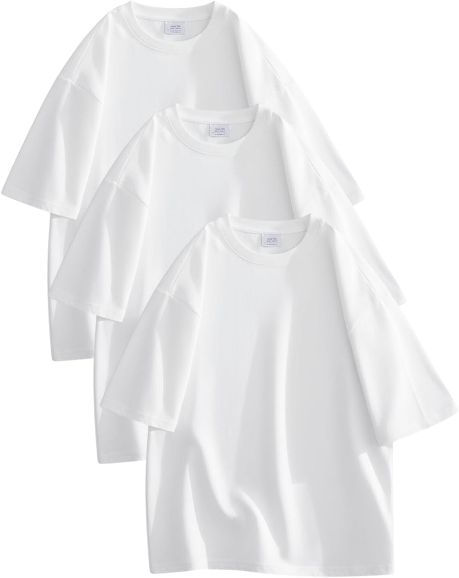 Mens Heavy T Shirt 240gsm Cotton Tee Athletic Workout Relaxed Fit Gym Shirts Casual Tops - 03-white+white+white