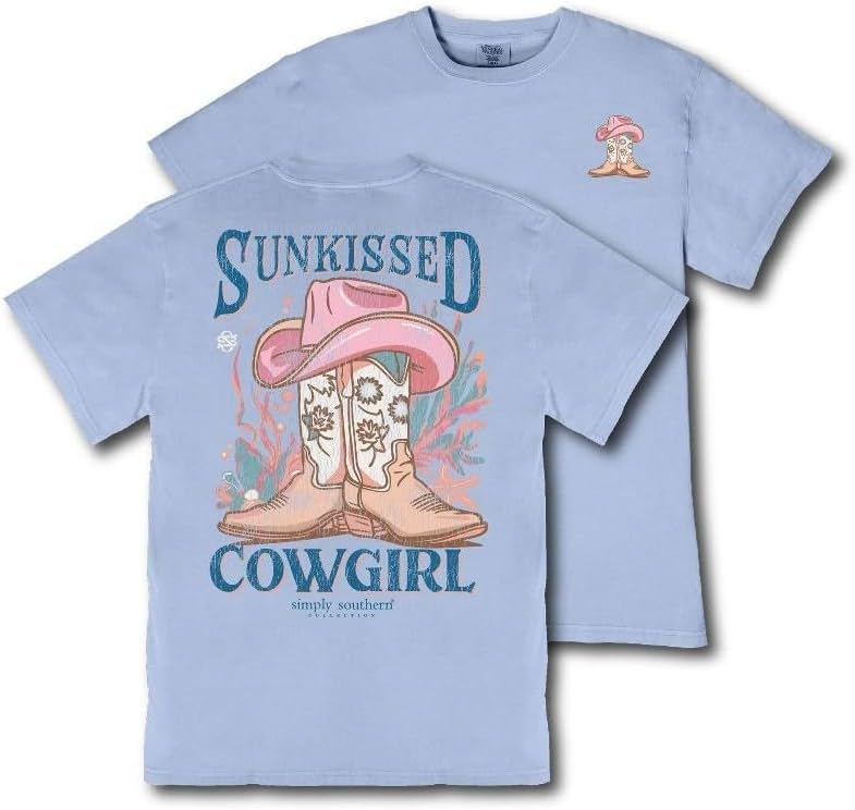 Simply Southern Sunkissed - Cowgirl - Boots & Hat - Adult T-Shirt - Adult Mineral Wash - Faded Blue