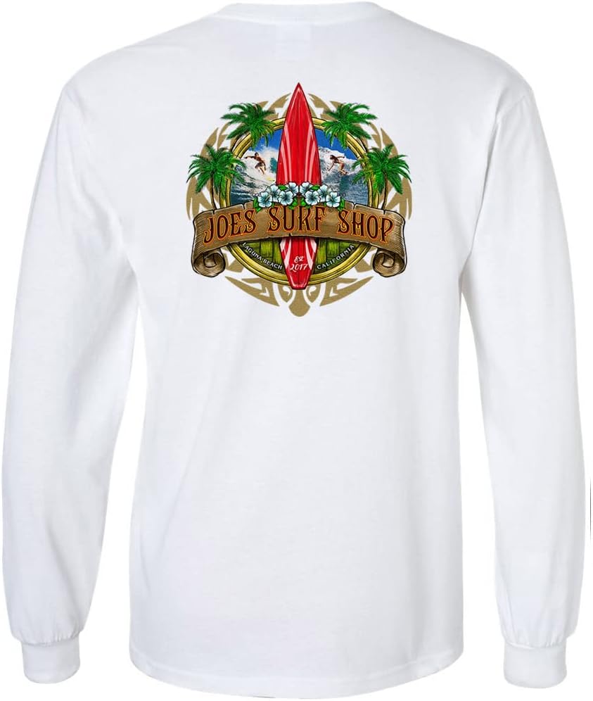 JOES SURF SHOP Men's Longboard Logo Long Sleeve Cotton Tees - White \/ Sand Longboard Logo