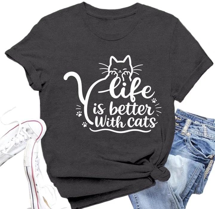 Cat Shirts for Women Life is Better with Cats Pet Owner Tee Tops - Grey