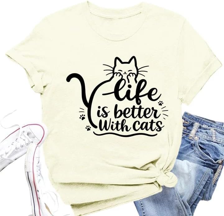 Cat Shirts for Women Life is Better with Cats Pet Owner Tee Tops - Cream