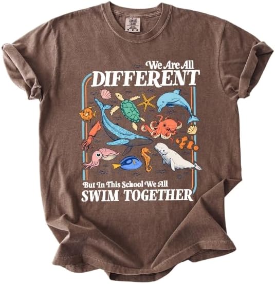 FITIN We are All Different Comfort Colors T-Shirt, Marine Life Graphic Tee, Unisex Ocean Animals Diversity T-Shirt - White