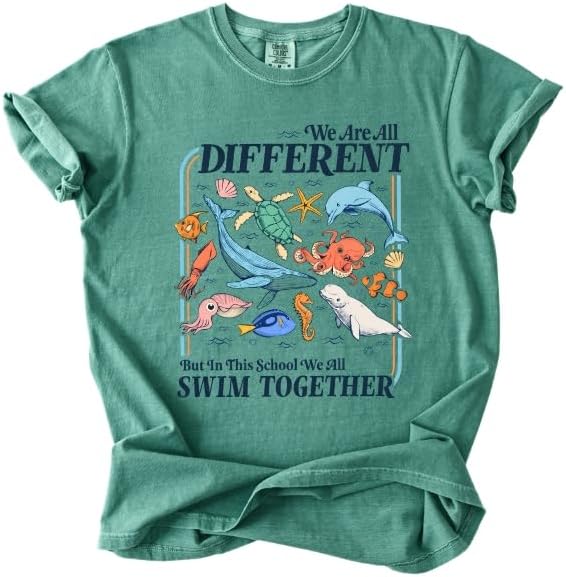 FITIN We are All Different Comfort Colors T-Shirt, Marine Life Graphic Tee, Unisex Ocean Animals Diversity T-Shirt - Blue