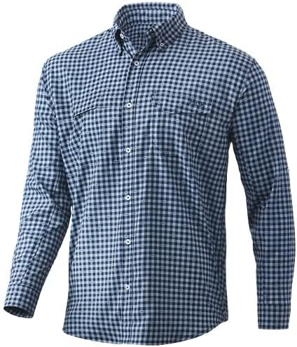 HUK Men's Tide Point Solid Long Sleeve Button Down Shirt (Available in 3X-Large) - Sargasso Sea Fish Plaid