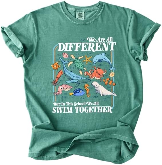 FITIN We are All Different Comfort Colors T-Shirt, Marine Life Graphic Tee, Unisex Ocean Animals Diversity T-Shirt - White