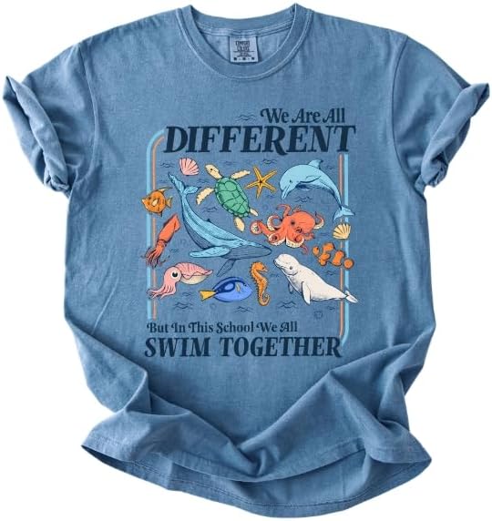 FITIN We are All Different Comfort Colors T-Shirt, Marine Life Graphic Tee, Unisex Ocean Animals Diversity T-Shirt - Blue