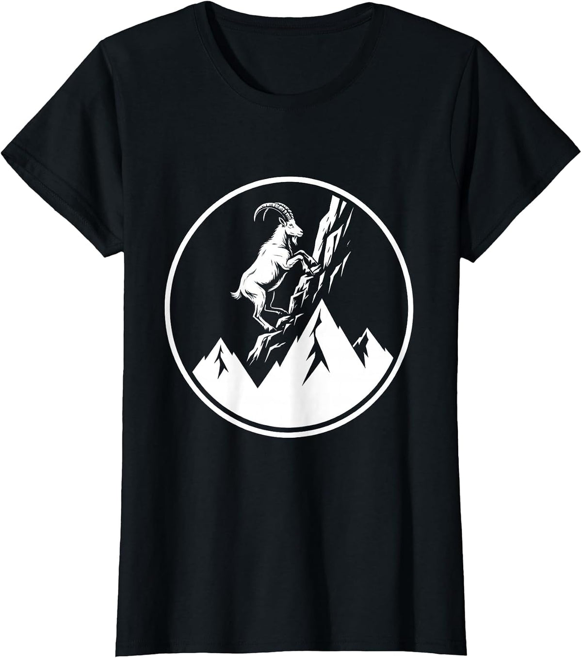 Women's Goat Climbing Snowy Mountain Summit Illustration T-Shirt - Black
