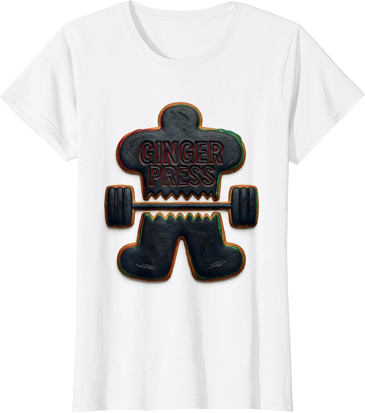 Women's Ginger Press Linocut Funny Gym Bodybuilding Christmas T-Shirt - White