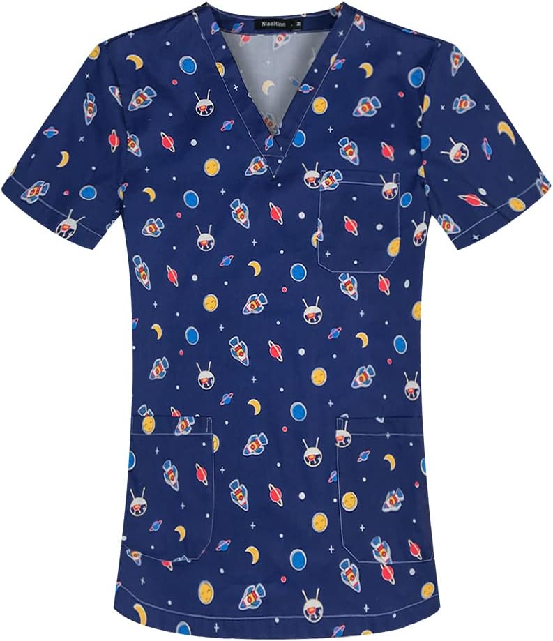 niaahinn Dental Scrub Tops Women Stretchy v-Neck Short Sleeve Medical Uniform Scrub T-Shirt for Women & Men - 62020