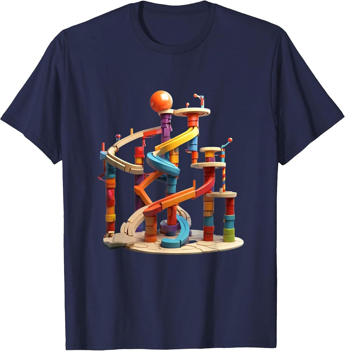 Crew Neck Marble Run Graphic Design tee T-Shirt - Navy Blue