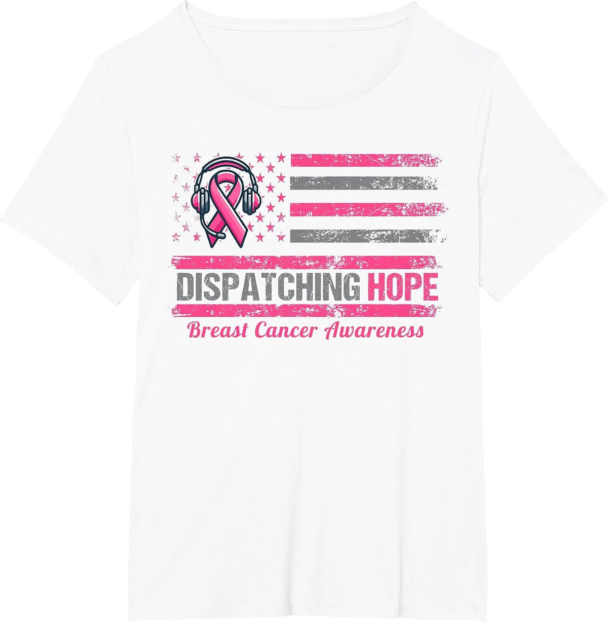 Dispatcher Breast Cancer Awareness Pink Ribbon American Flag T-Shirt - White