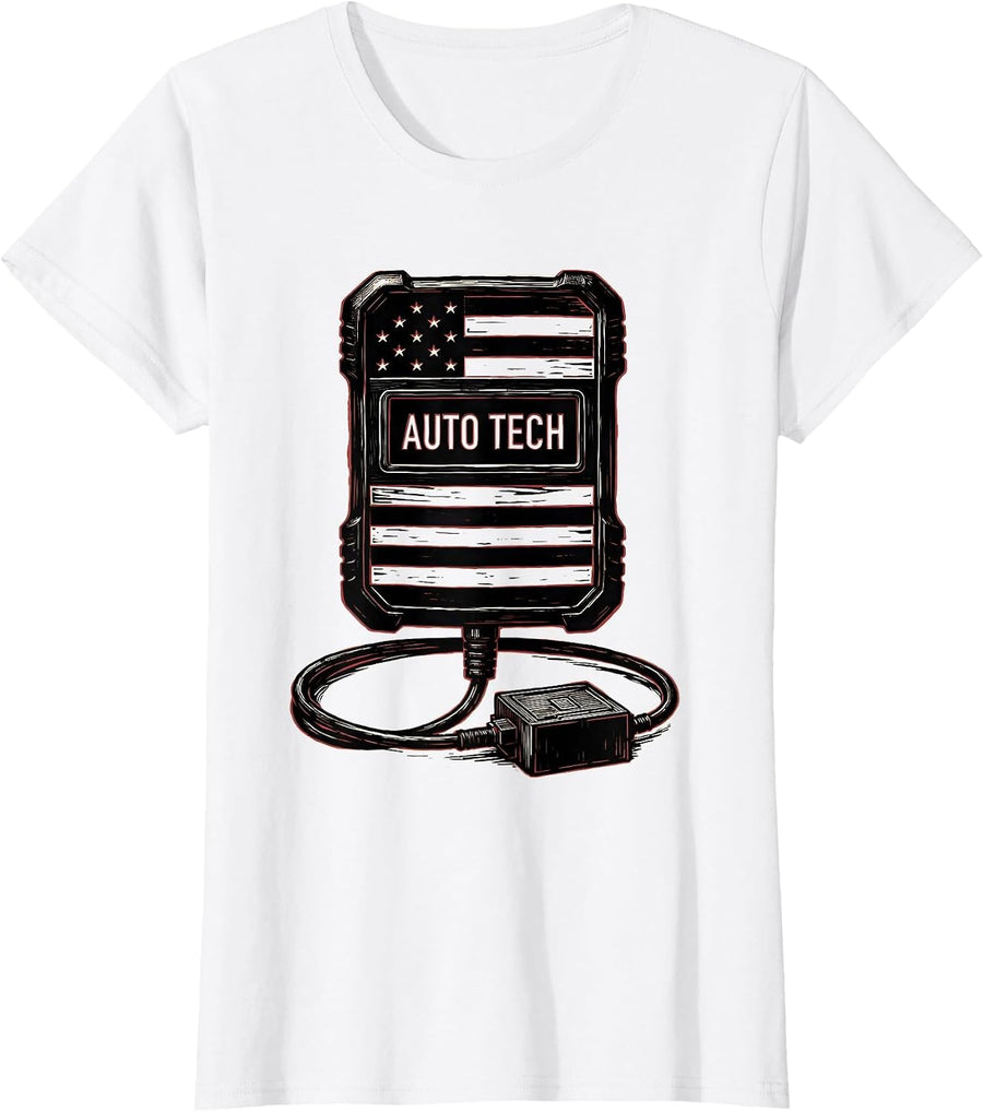 Women's Auto Tech Linocut American Flag Mechanic Gift for Oilfield T-Shirt - White