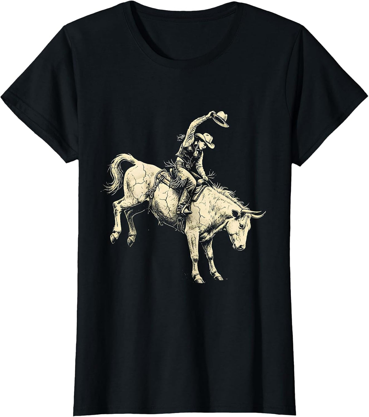 White Cowgirl Riding Bucking Bronco Rodeo Art T-Shirt - Black