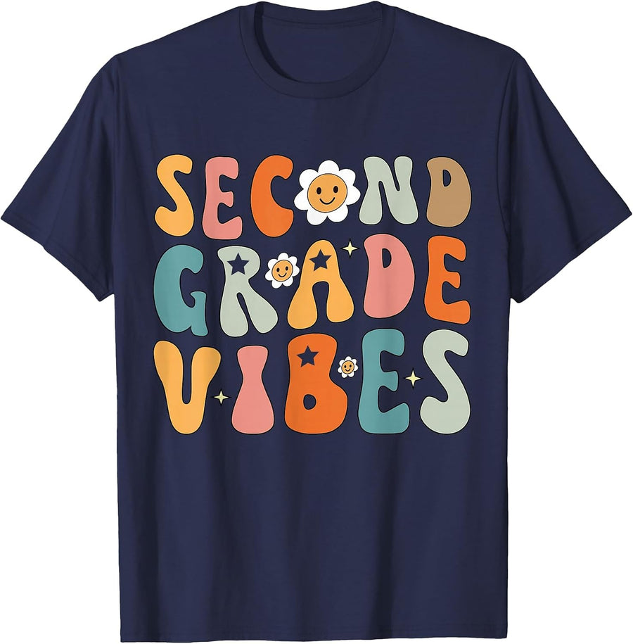 Second Grade Vibes T-Shirt, 2nd Grade Team Tee Retro 1st Day of School Shirt for Girls Boys Teachers - Navy Blue
