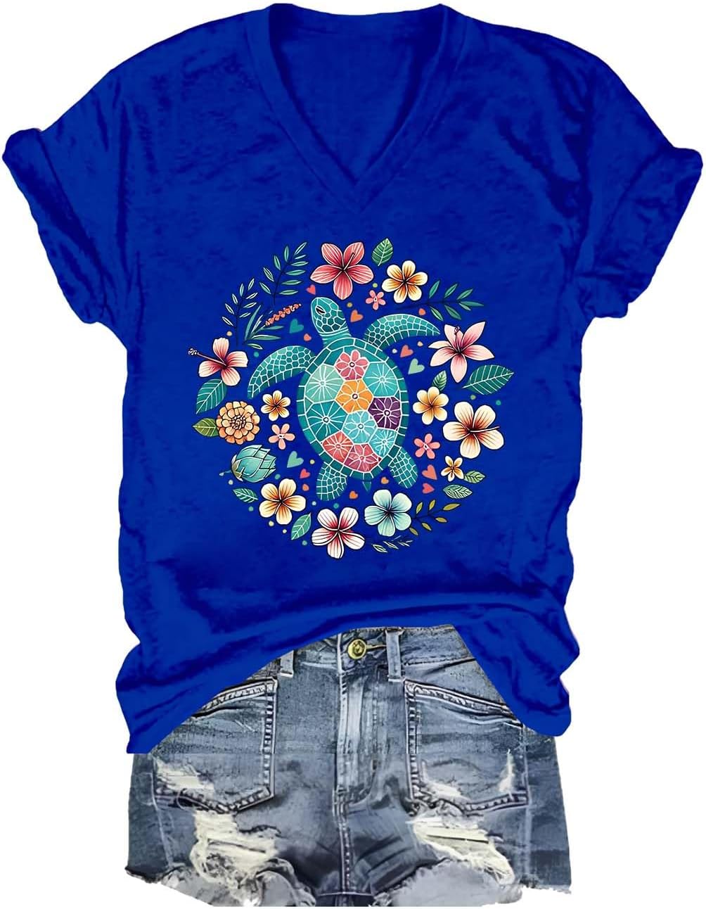 Sea Turtle T-Shirt, Funny Sea Turtle Graphic Beach V Neck Short Sleeve Tees - V-Neck Royal Blue-1