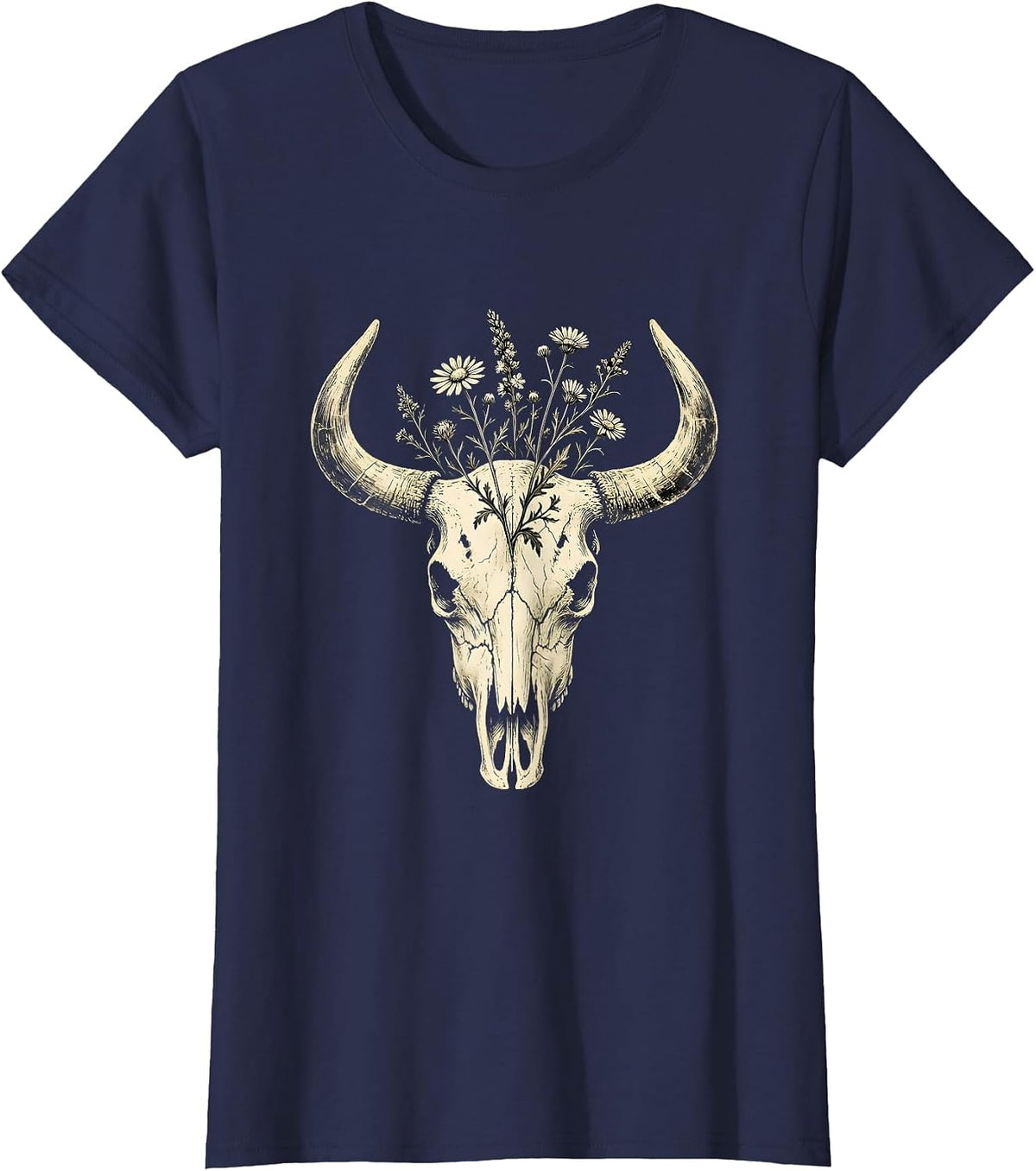 Women's Cow Skull Wildflowers Western Floral Gothic Art T-Shirt - Navy Blue