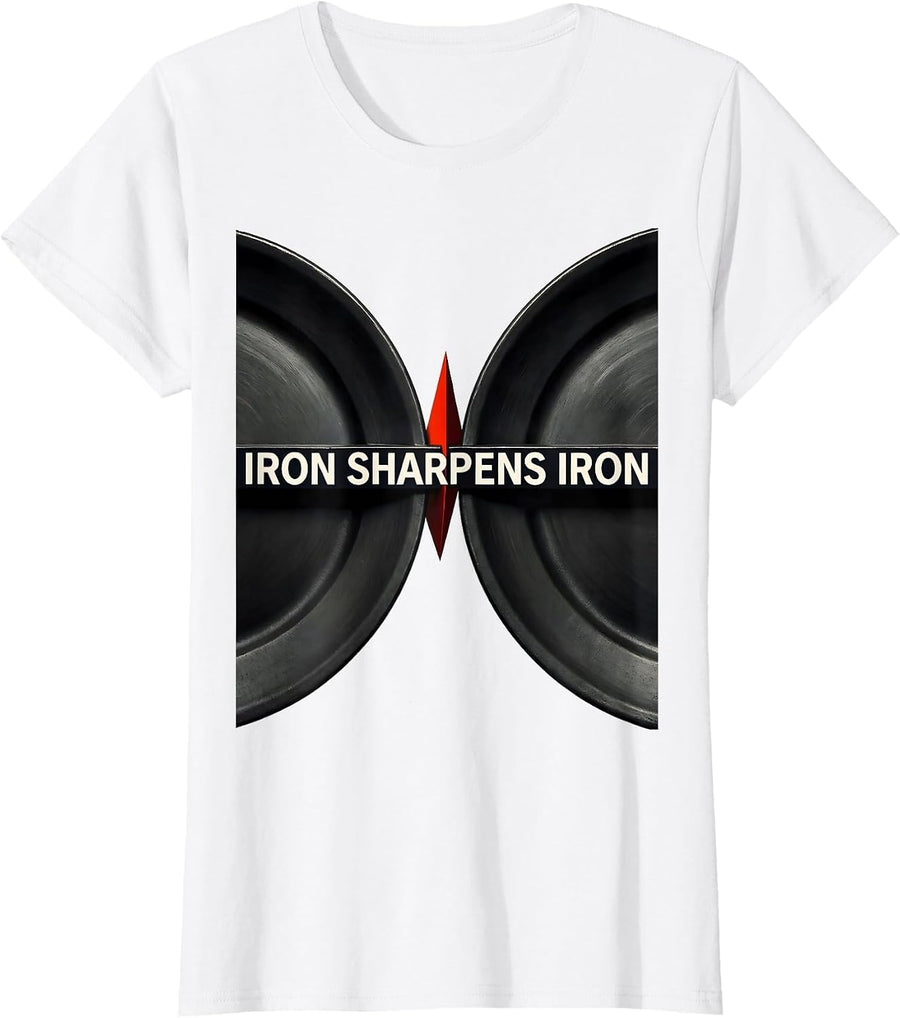 Women's Iron Sharpens Iron Constructivist Faith-Based Gym Workout T-Shirt - White
