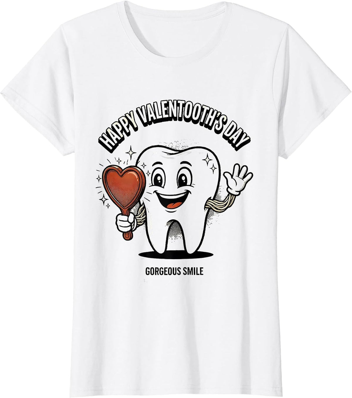 Women's Happy Valentooth's Day Gorgeous Smile Retro Cartoon Dental T-Shirt - White