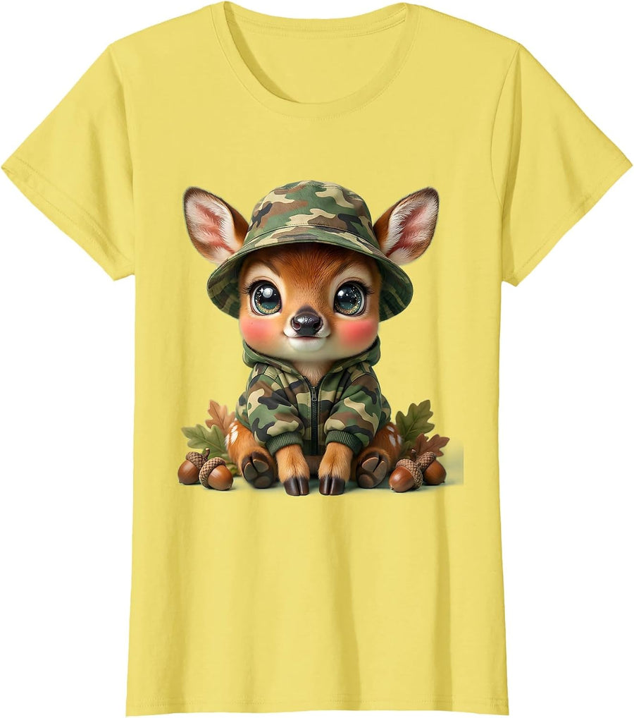 Women's Baby Deer Camo Outfit Kids Hunting Graphic T-Shirt - Lemon Yellow