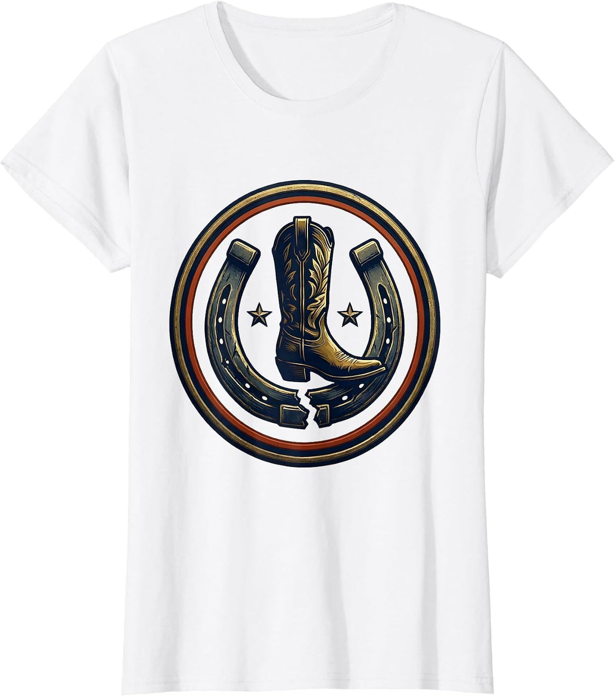 Western Boot Horseshoe Emblem Cowgirl Rodeo Pride T-Shirt - White