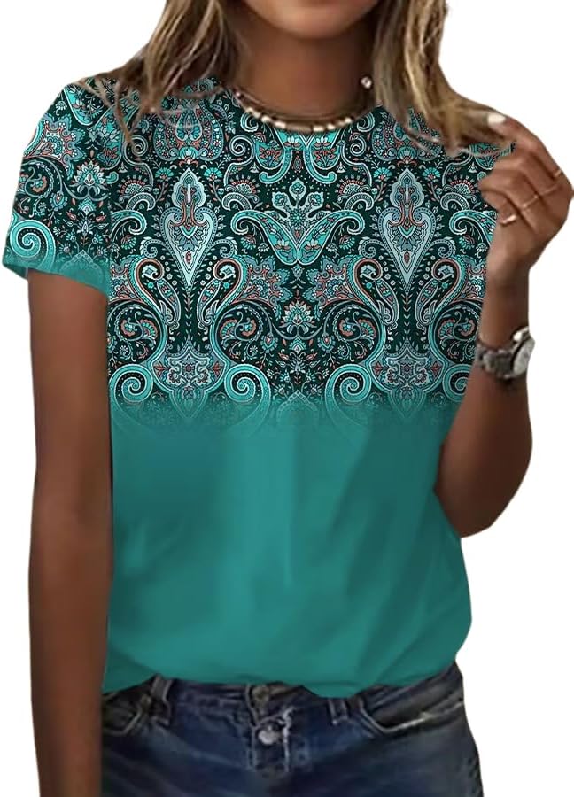 Women's Retro Western Graphic Print Comfort Short Sleeve T-Shirt Cowgirl Tshirt - Teal