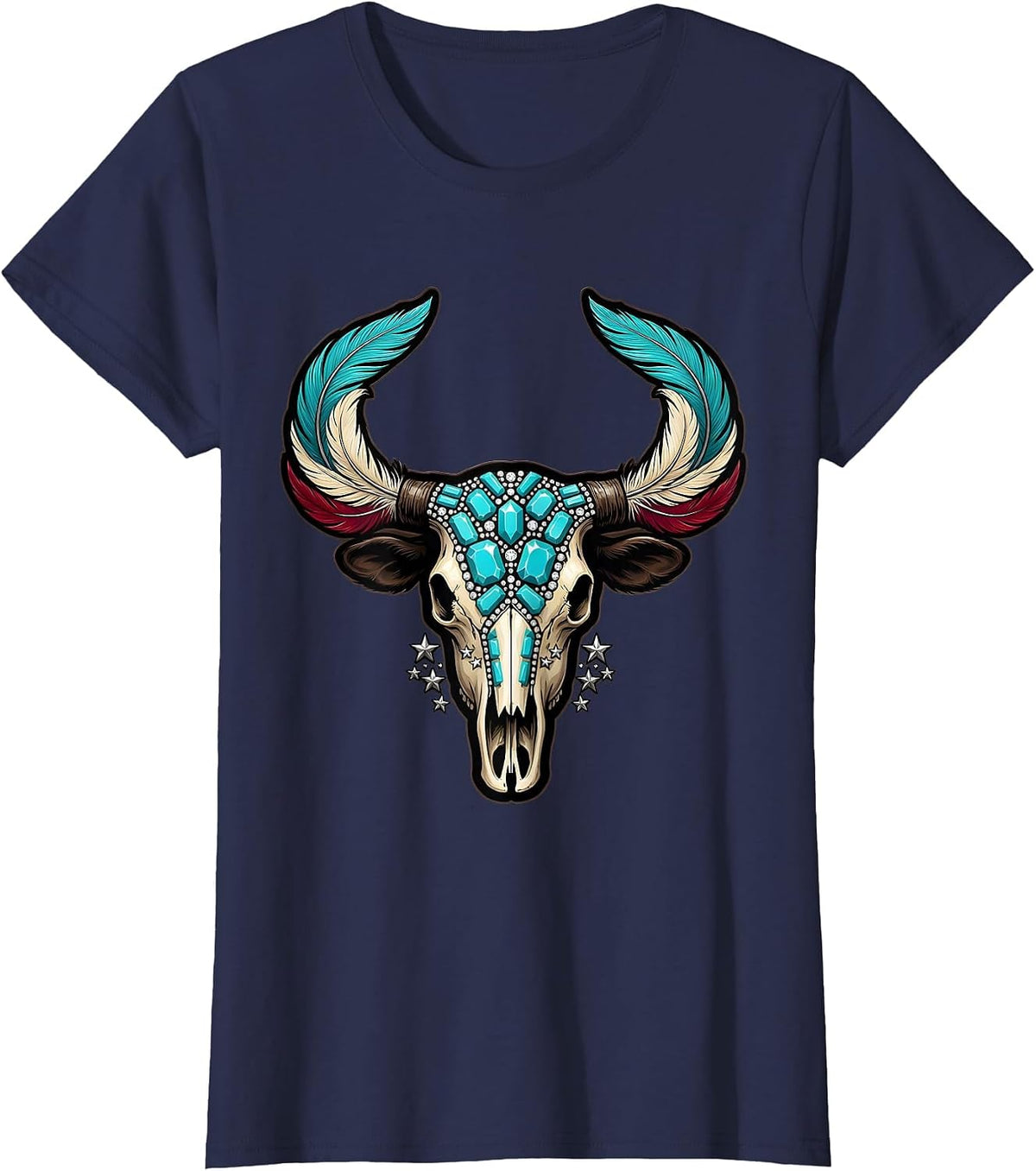 Women's Turquoise and Feather Cow Skull Cowgirl Design T-Shirt - Navy Blue