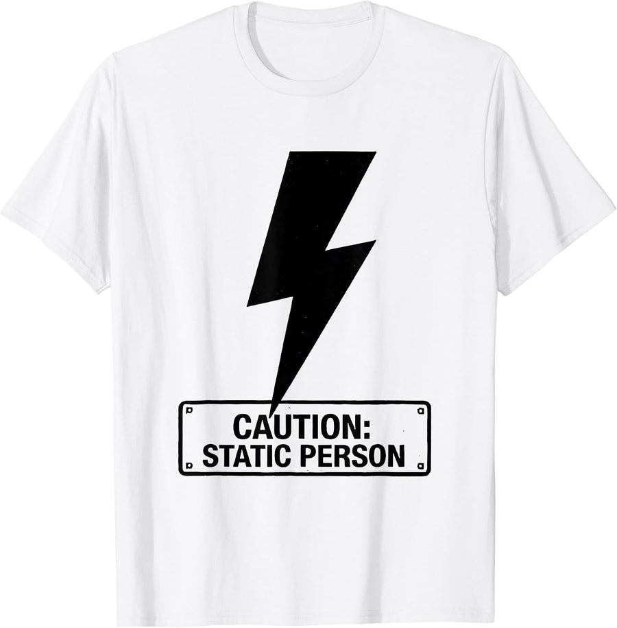 Men's CAUTION: STATIC PERSON Bold Minimalist Lightning Bolt T-Shirt - White
