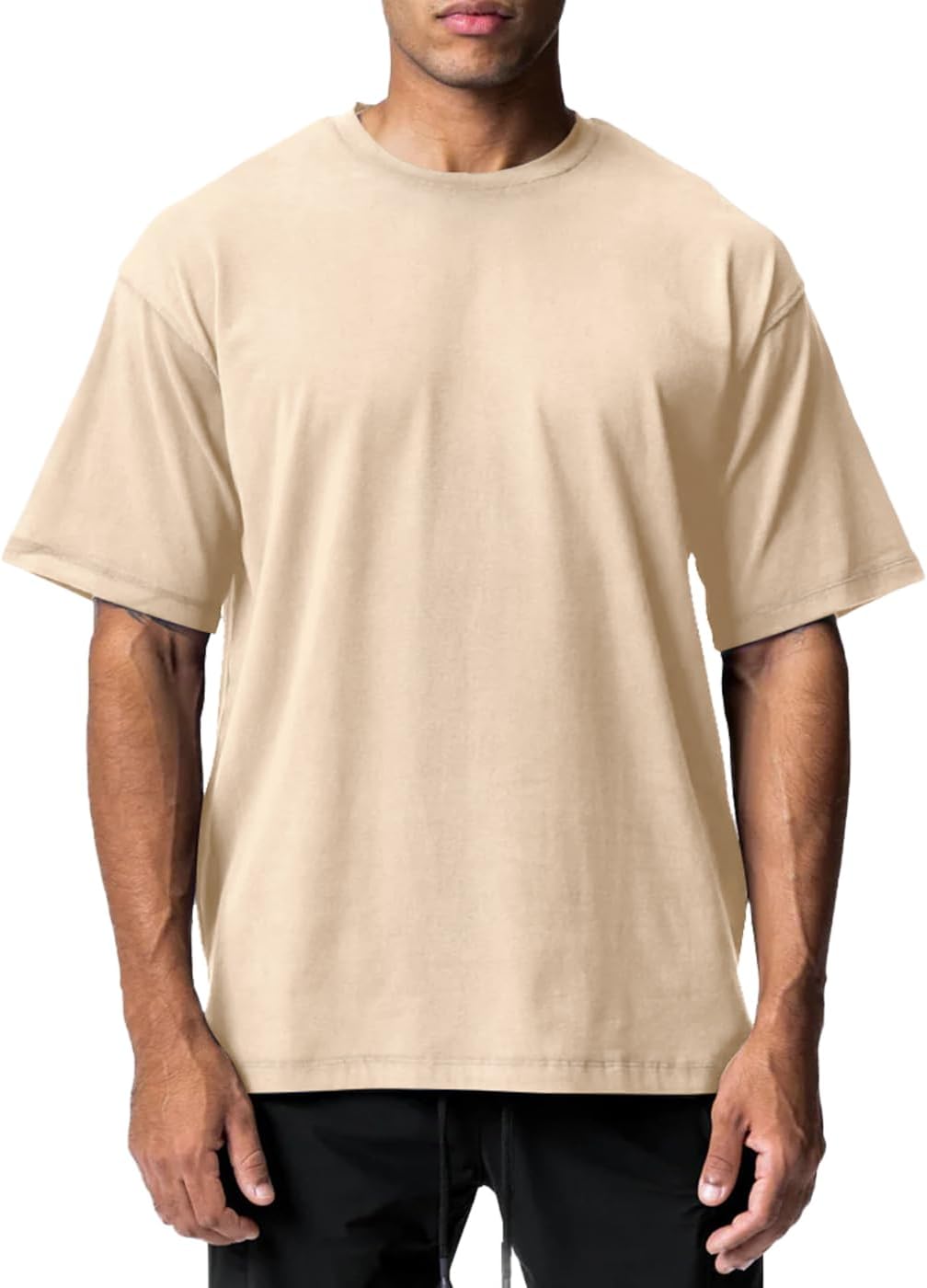 Men's Cotton Short Sleeve Crew Neck Shirts Athletic Tops Tees Oversized Gym Clothes for Men S-XXL - A04 Apricot
