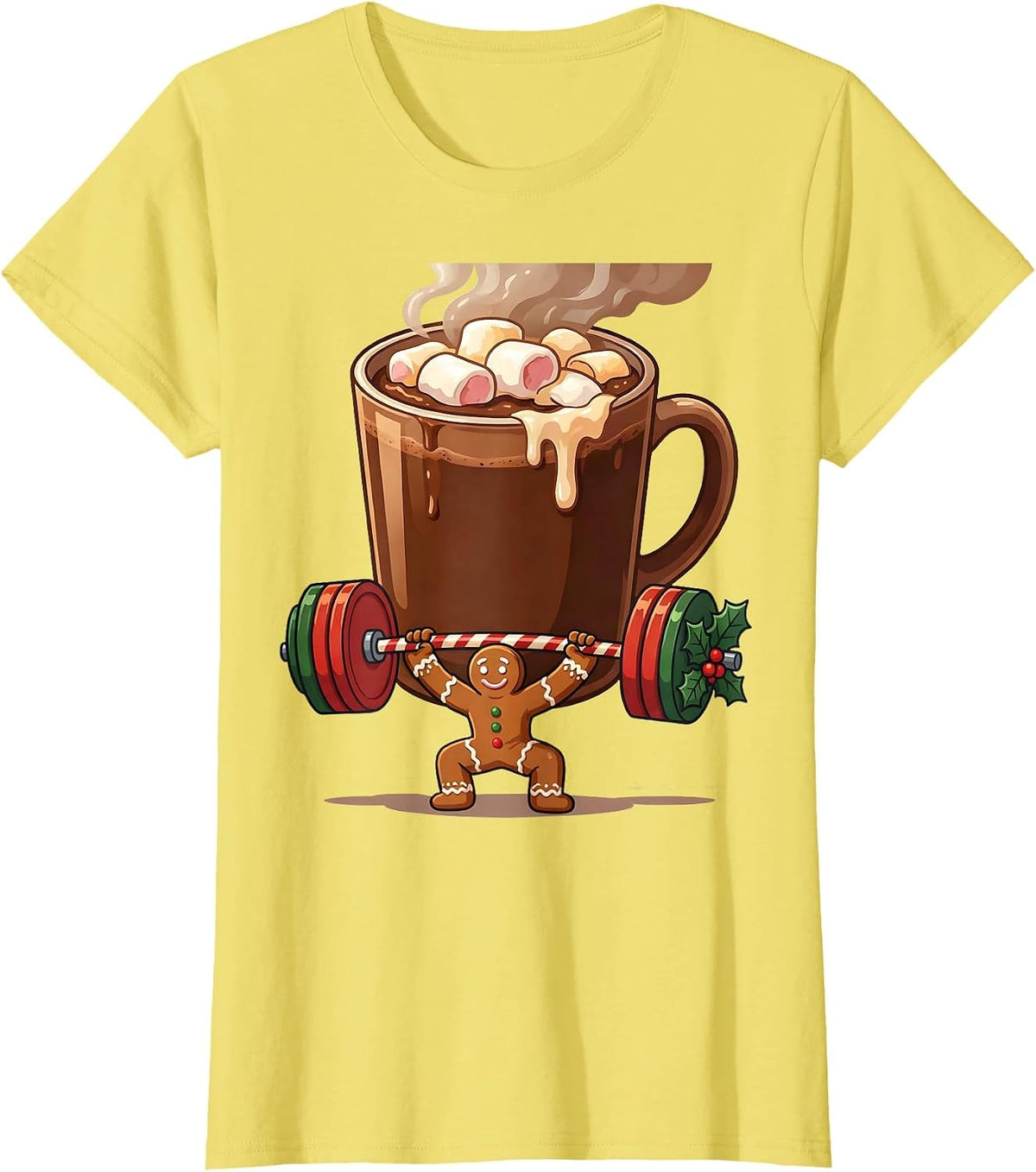 Women's Gingerbread Lifter Gym Humor Christmas Weightlifting Gift T-Shirt - Lemon Yellow