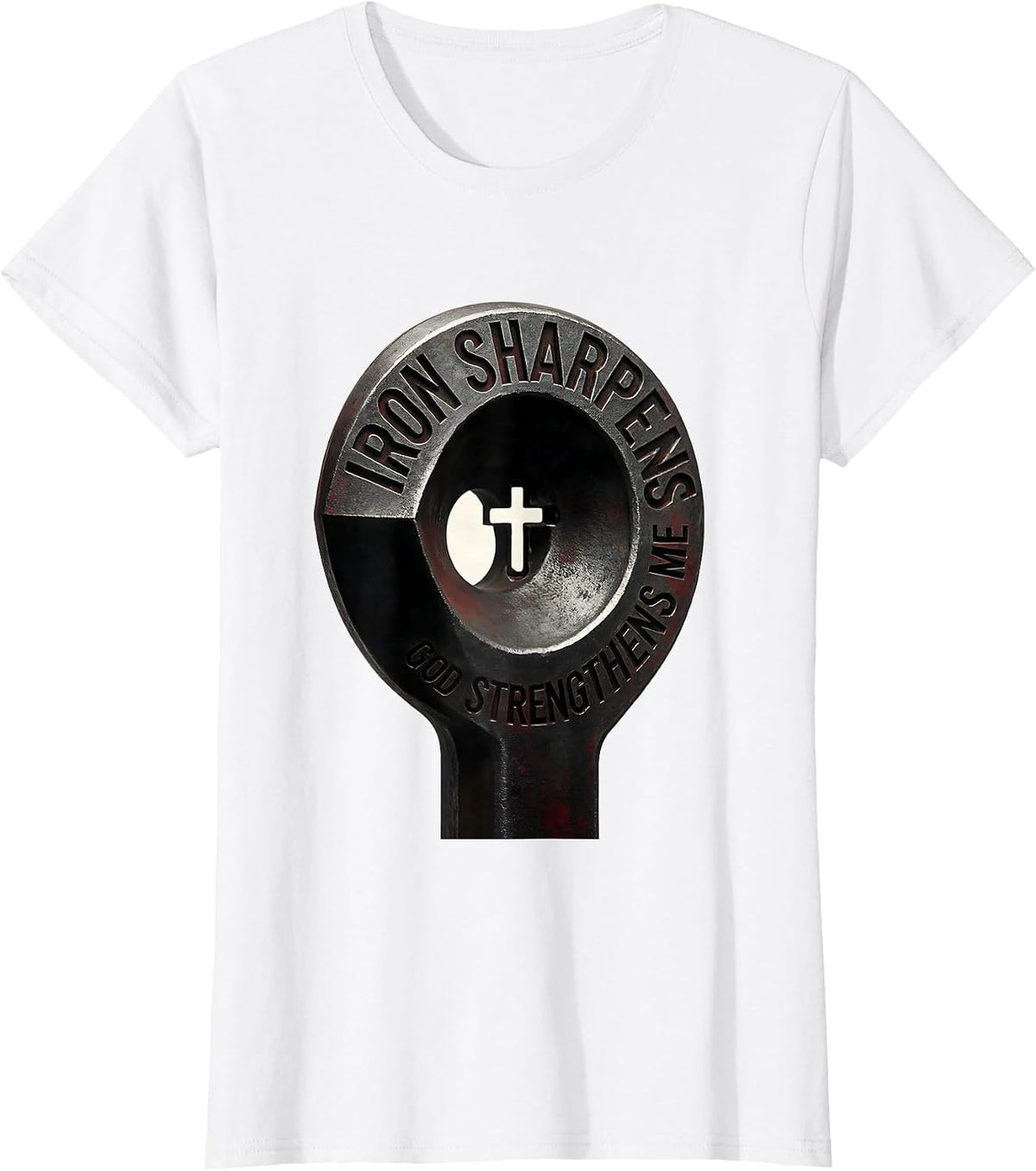 Women's Iron Sharpens God Strengthens Me Minimalist Christian Gym T-Shirt - White