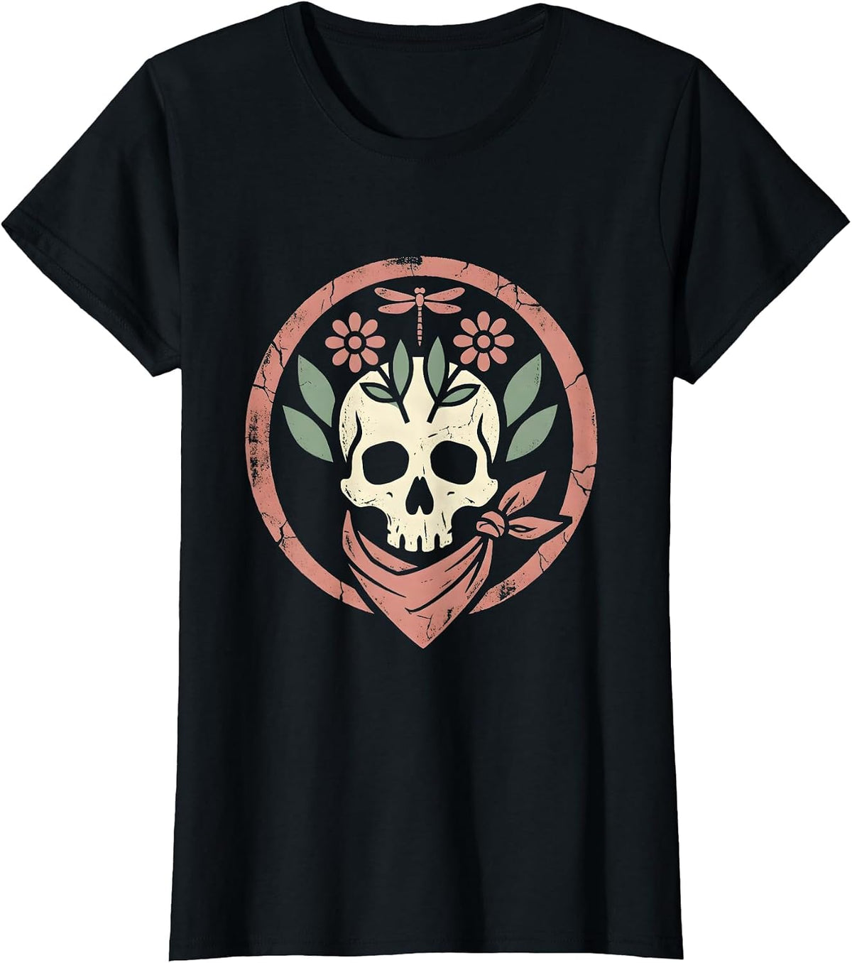 Cowgirl Skull Floral Bandana Western Design T-Shirt - Black