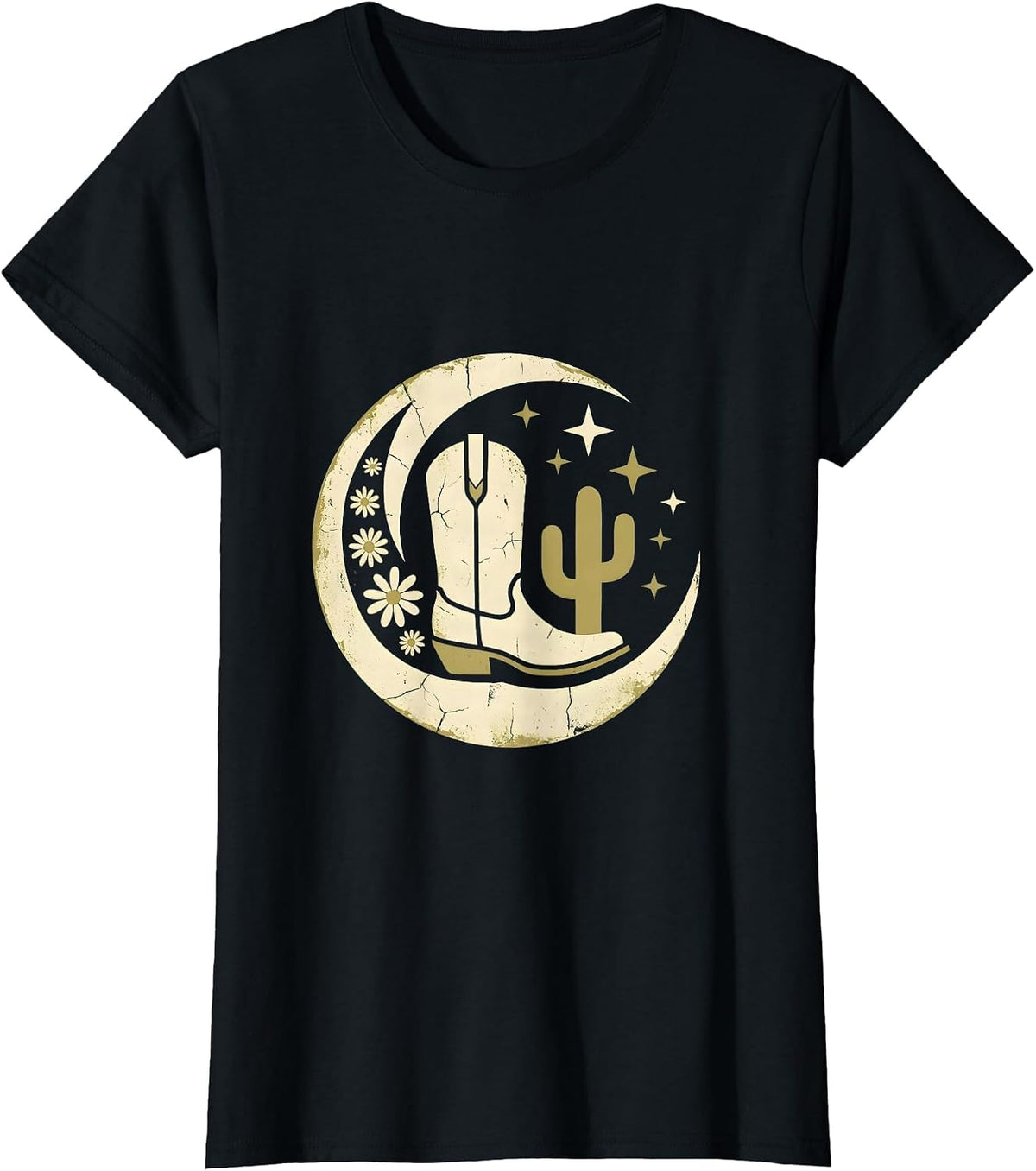 Women's Cowgirl Boot Cactus Western Desert Graphic T-Shirt - Black