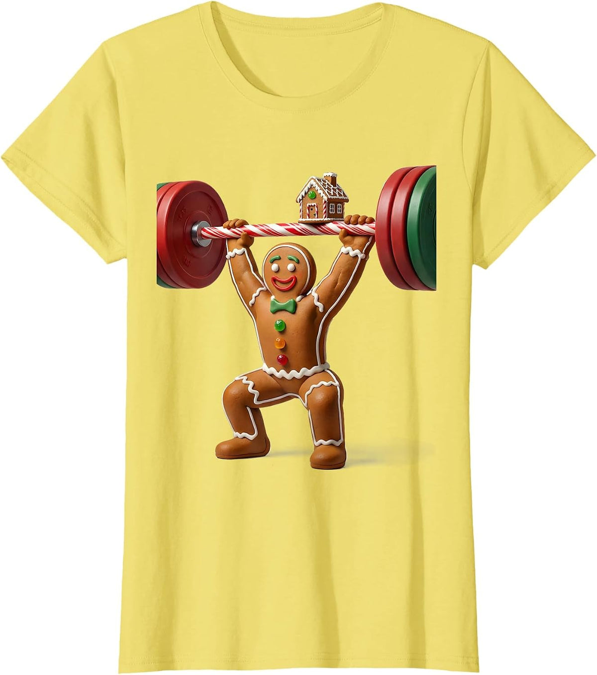 Women's Gingerbread Lifter Cartoon Funny Christmas Gym Weightlifting T-Shirt - Lemon Yellow