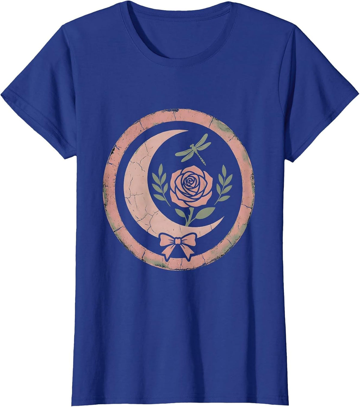 Women's Crescent Moon Rose Western Boho Graphic Design T-Shirt - Royal Blue