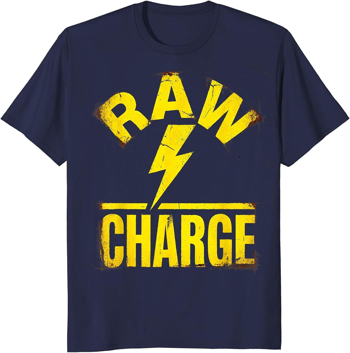 RAW CHARGE Distressed Bold Lightning Bolt Graphic Icon T-Shirt - Navy Blue