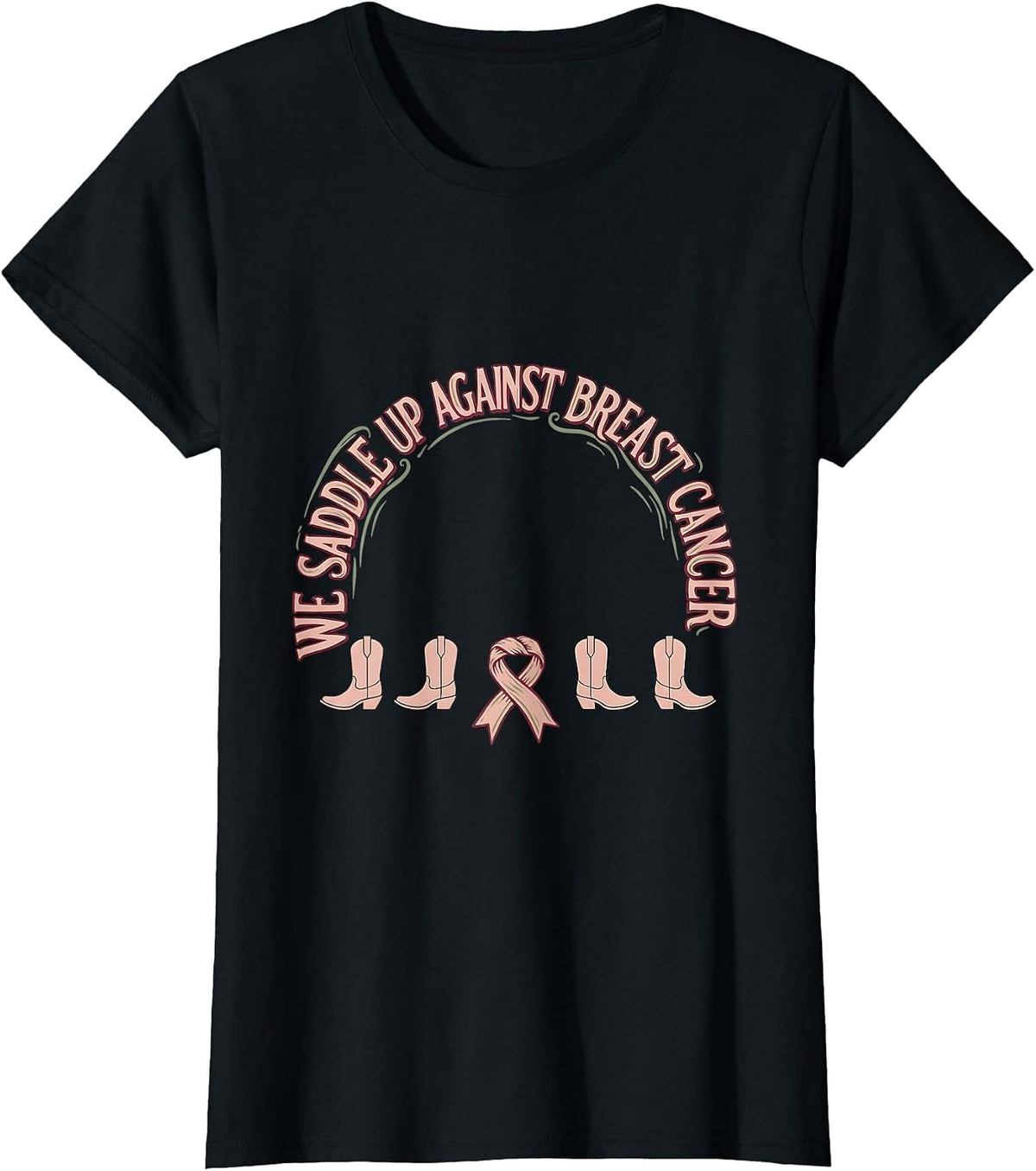 Women's We Saddle Up Against Breast Cancer Boho Western Cowgirl Pink T-Shirt - Black