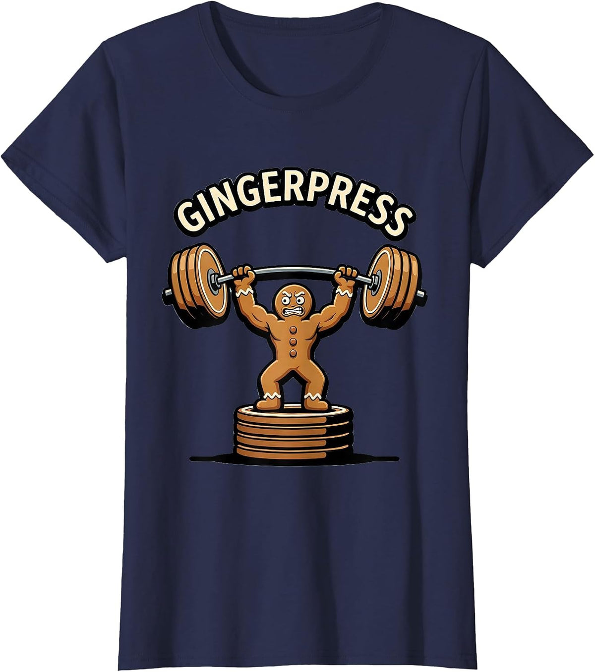 Women's Gingerpress Funny Gingerbread Man Gym Bodybuilding Christmas T-Shirt - Navy Blue