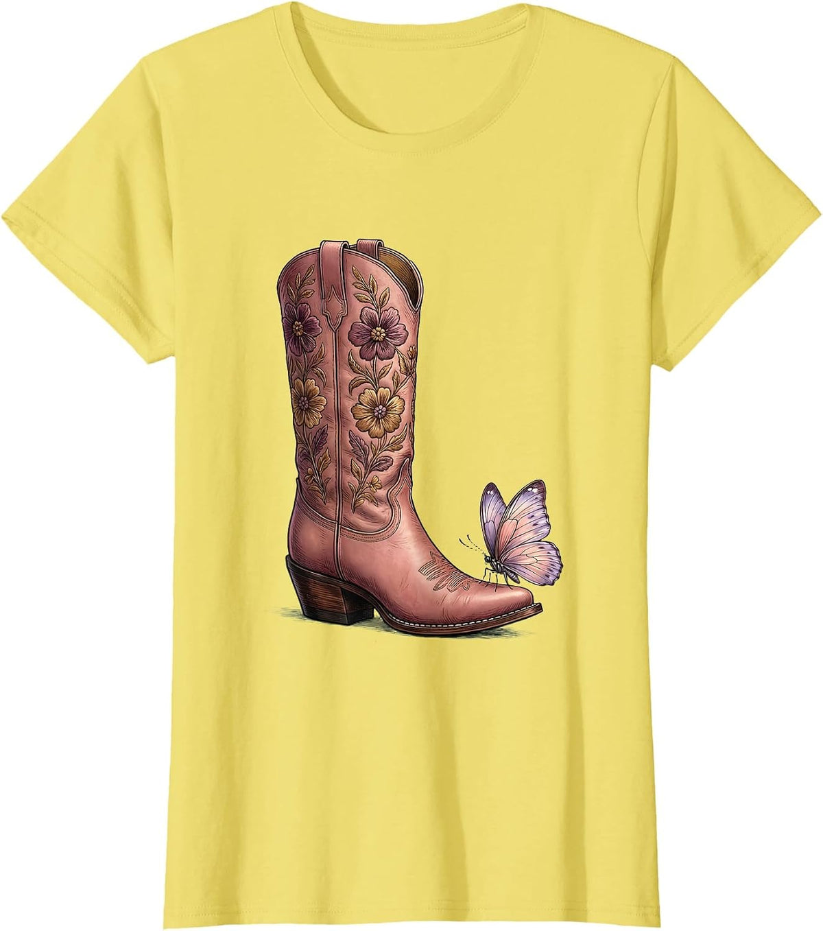 Pink Cowgirl Boot Butterfly Illustration T-Shirt - Lemon Yellow