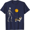 Pembroke Welsh Corgi Skeleton Dog Walking Halloween Costume T-Shirt - Navy Blue