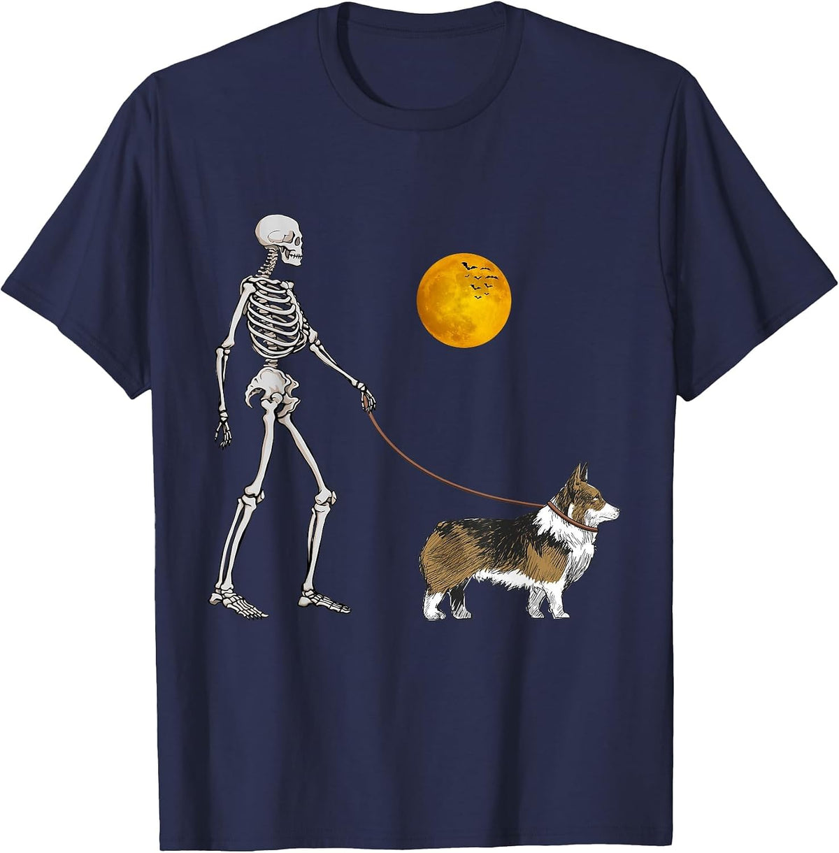 Pembroke Welsh Corgi Skeleton Dog Walking Halloween Costume T-Shirt - Navy Blue