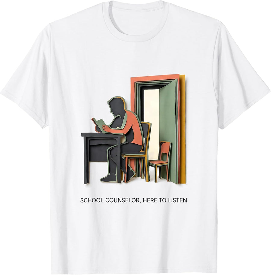 School Counselor Here To Listen Funny Paper Cutout Back T-Shirt - White