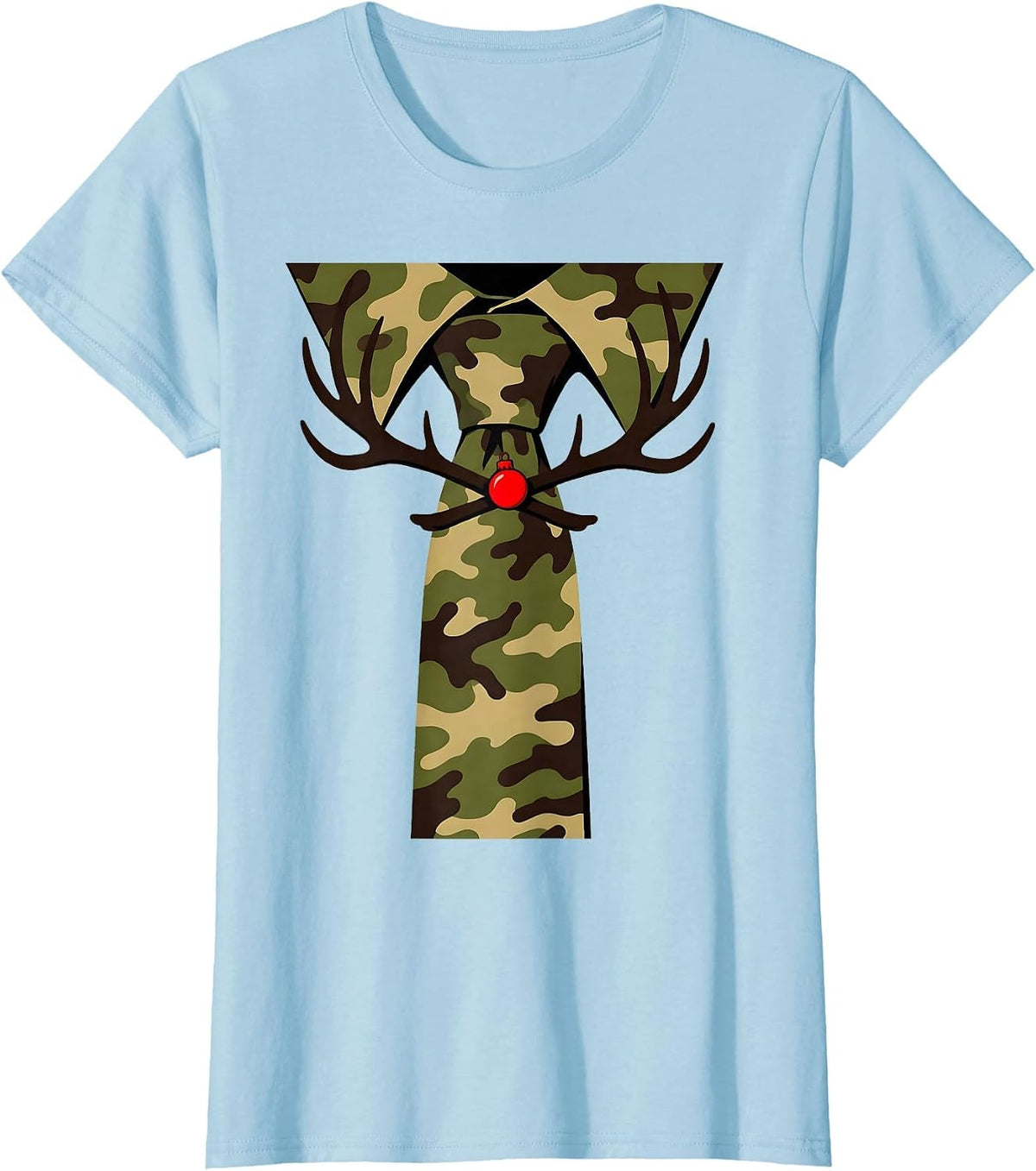Women's Camo Necktie Deer Antler Christmas Hunting Gift T-Shirt - Baby Blue