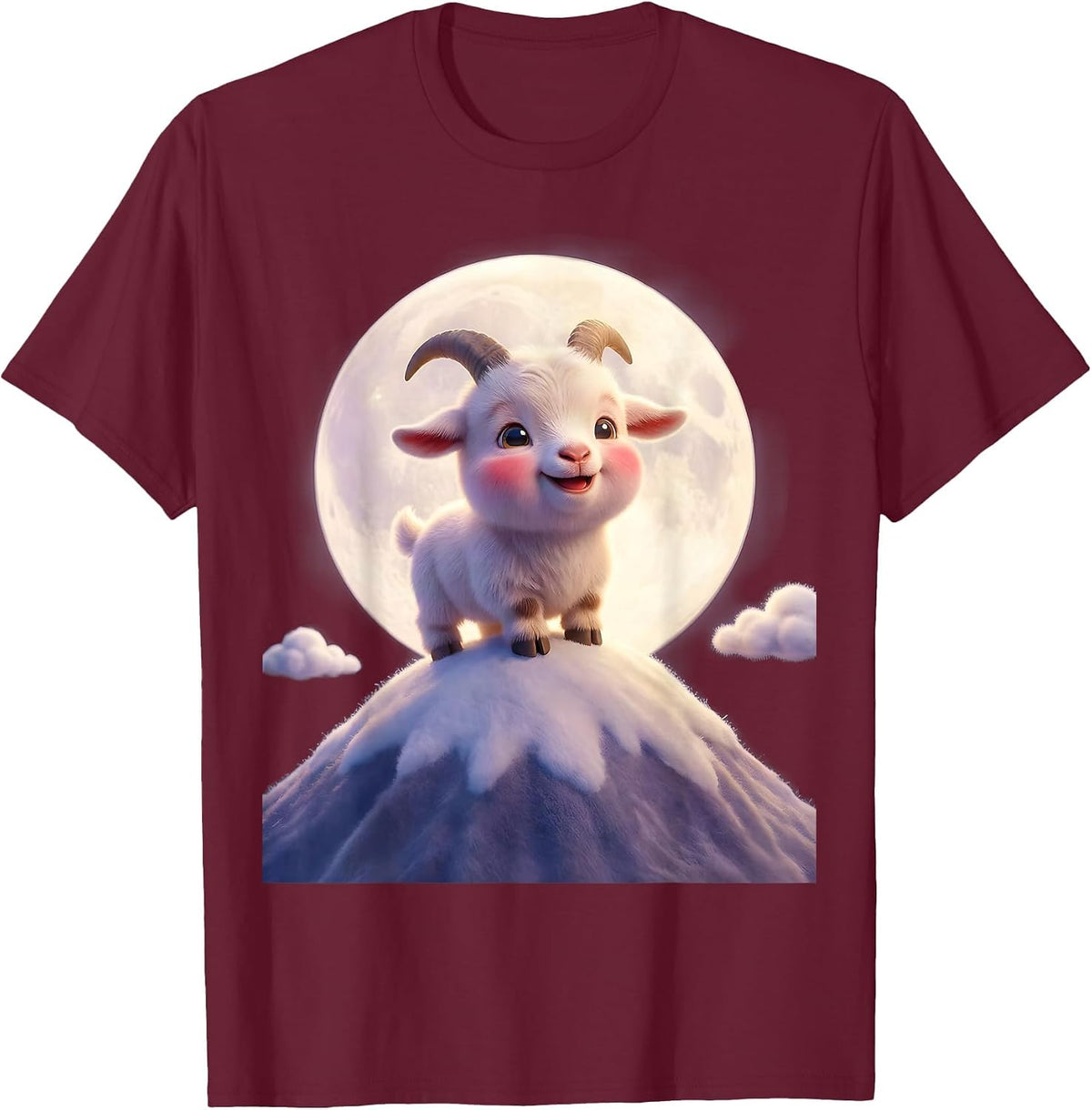 Goat Silhouette Full Moon Mountain Peaks T-Shirt - Burgundy