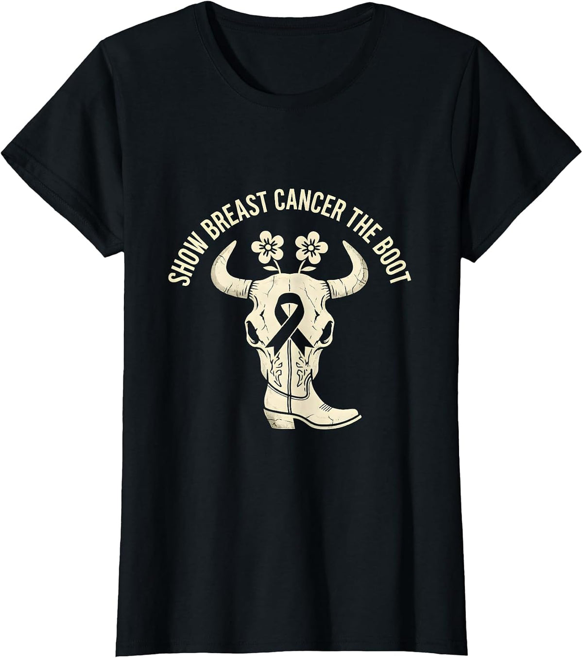 Women's Show Breast Cancer The Boot Boho Western Cowgirl Awareness T-Shirt - Black