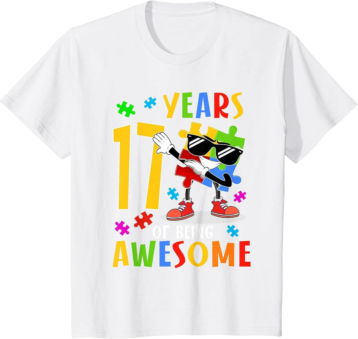 17 Years of Being Awesome Birthday Dabbing Autism Puzzle T-Shirt - White