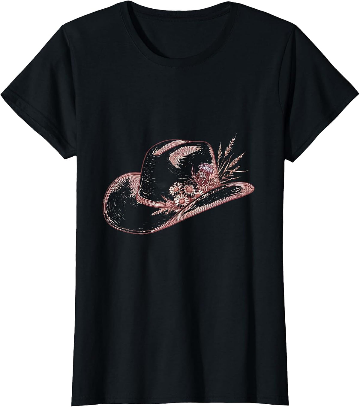 Women's Wildflower Cowgirl Hat Floral Western Illustration T-Shirt - Black