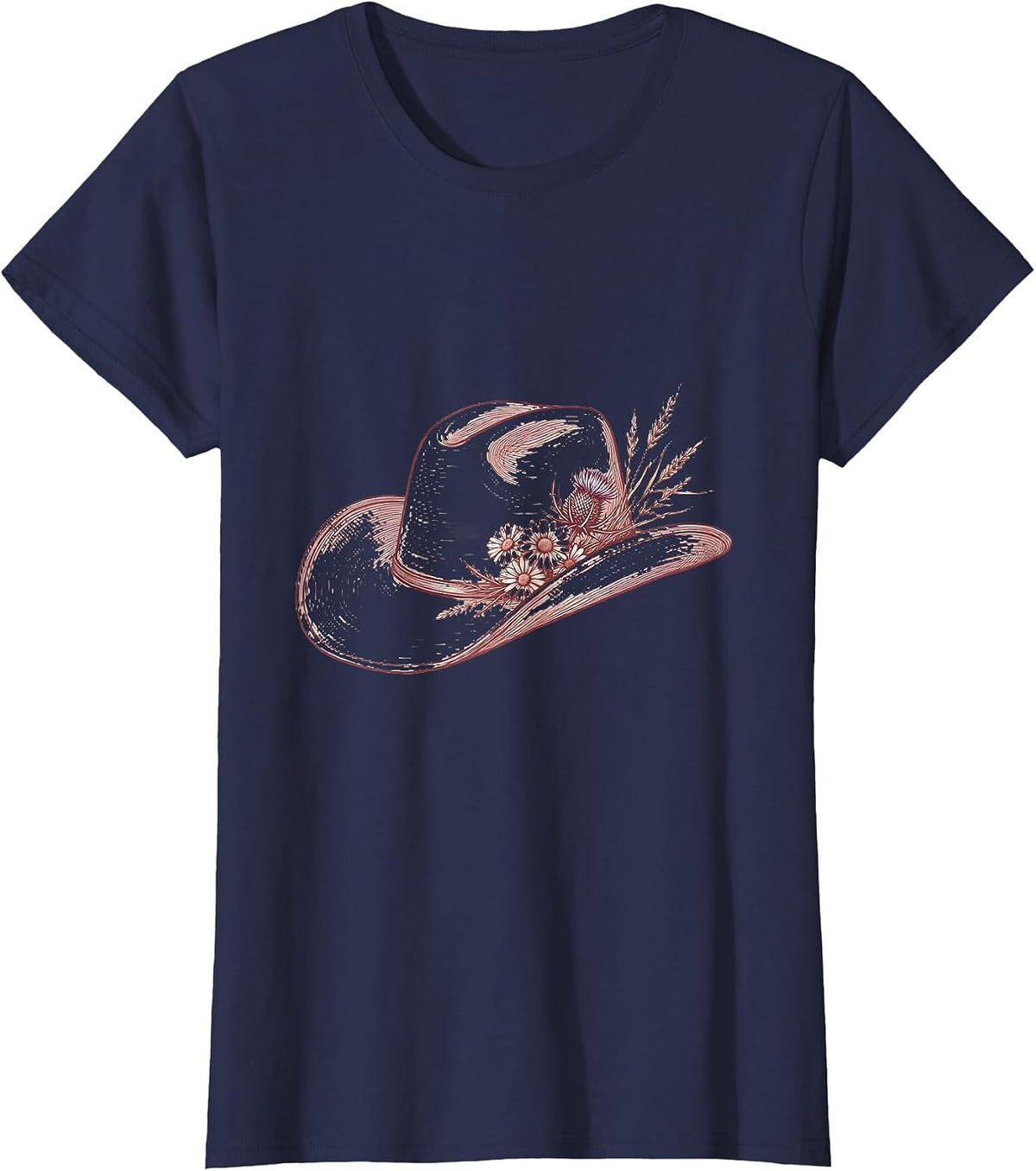Women's Wildflower Cowgirl Hat Floral Western Illustration T-Shirt - Navy Blue
