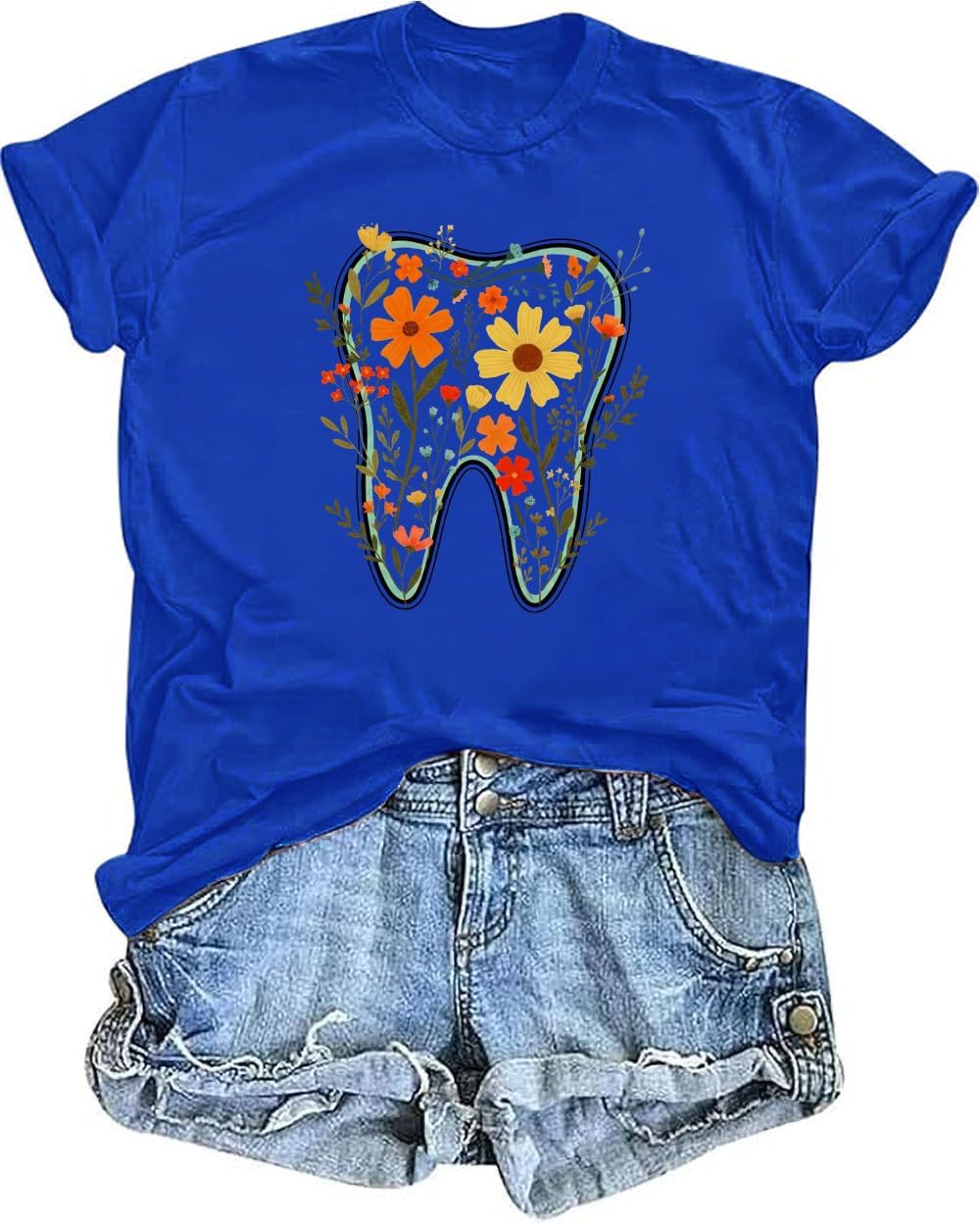 Floral Tooth Shirt V Neck Dental Assistant Shirt Dental Shirts for Women Funny Floral Graphic Tees Tops - Crewneck Sapphire