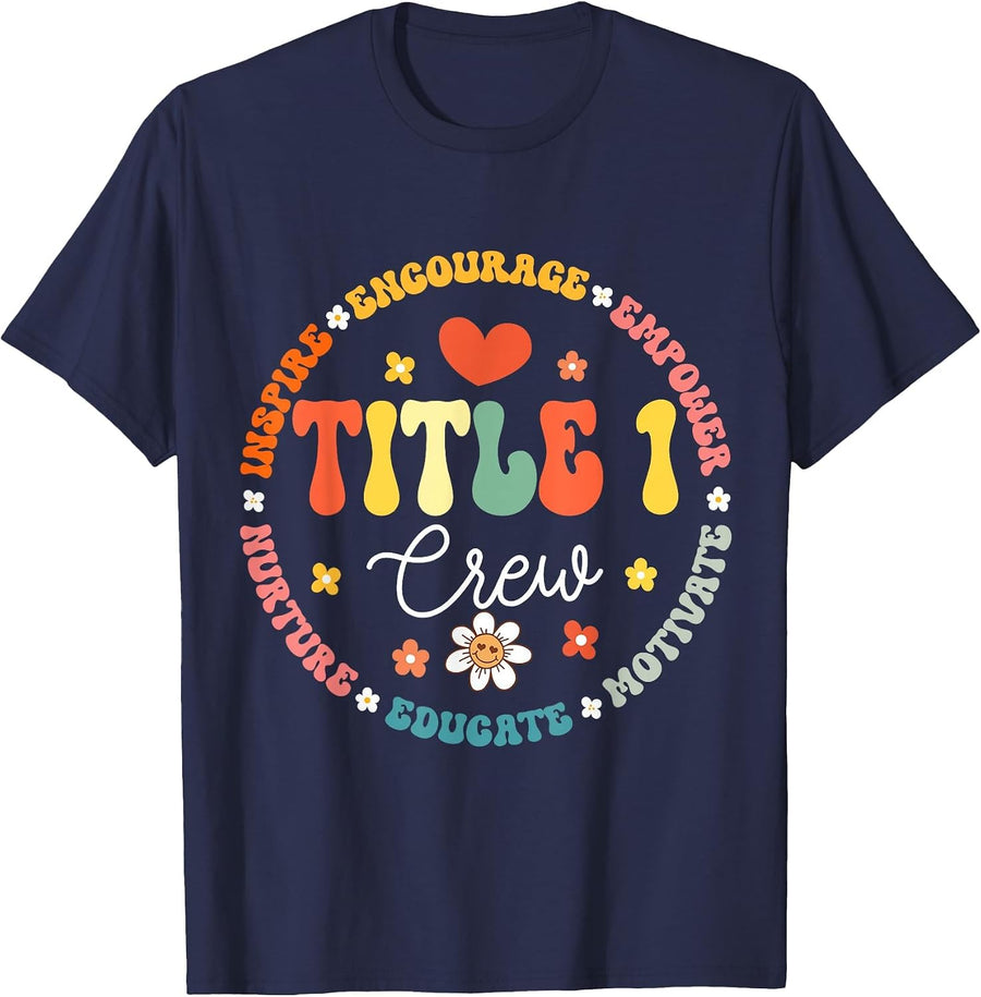 Groovy Title 1 Crew Cute Title 1 Reading Teacher T-Shirt - Navy Blue